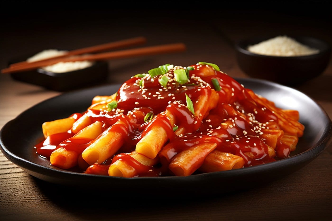 Generative AI Photo realistic Tteokbokki on plate yummi desert f
