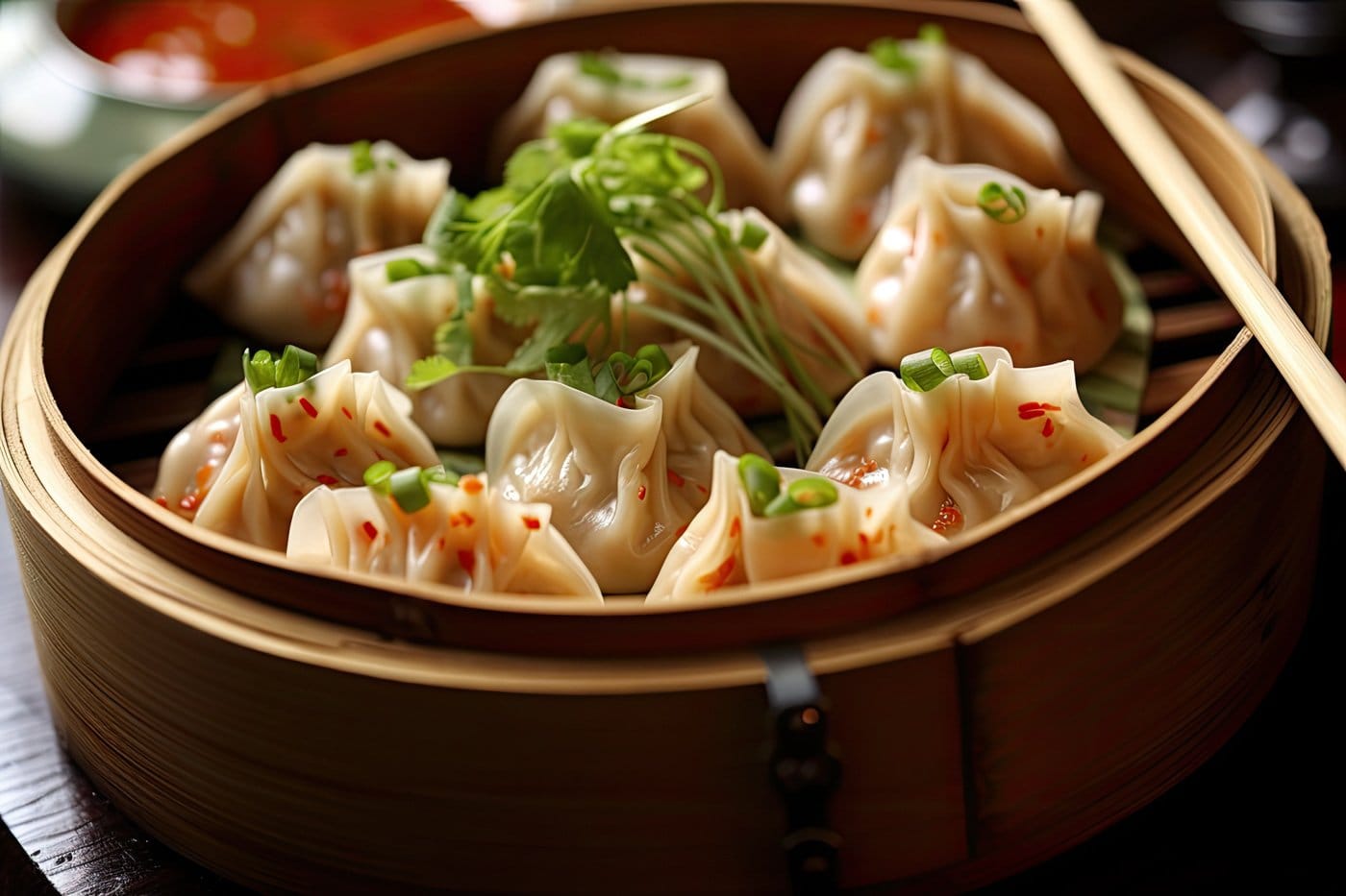 Delicate Korean Mandu on Bamboo Steamer